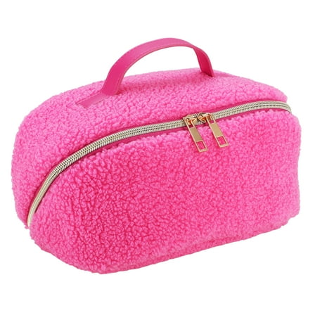 Cosmetic Bag for Travel and Makeup, Fleece Cosmetic Bag for Women Zipper Pouch Travel Cosmetic Organizer Travel Bags-Pink