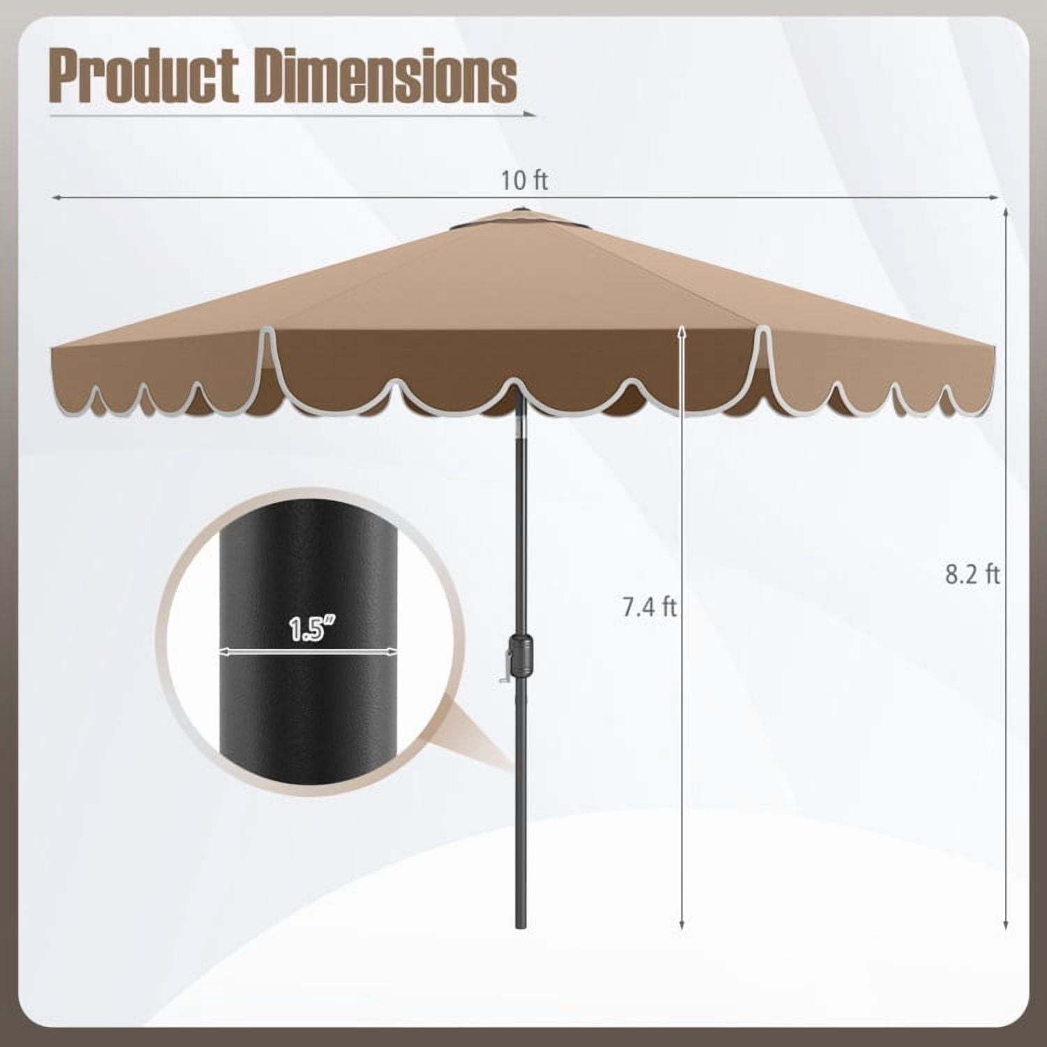GVN Outdoor Patio Umbrella,Patio Umbrella,10 Feet Patio Umbrella Outdoor Market Umbrella with Crank Tilt Adjustment-Brown