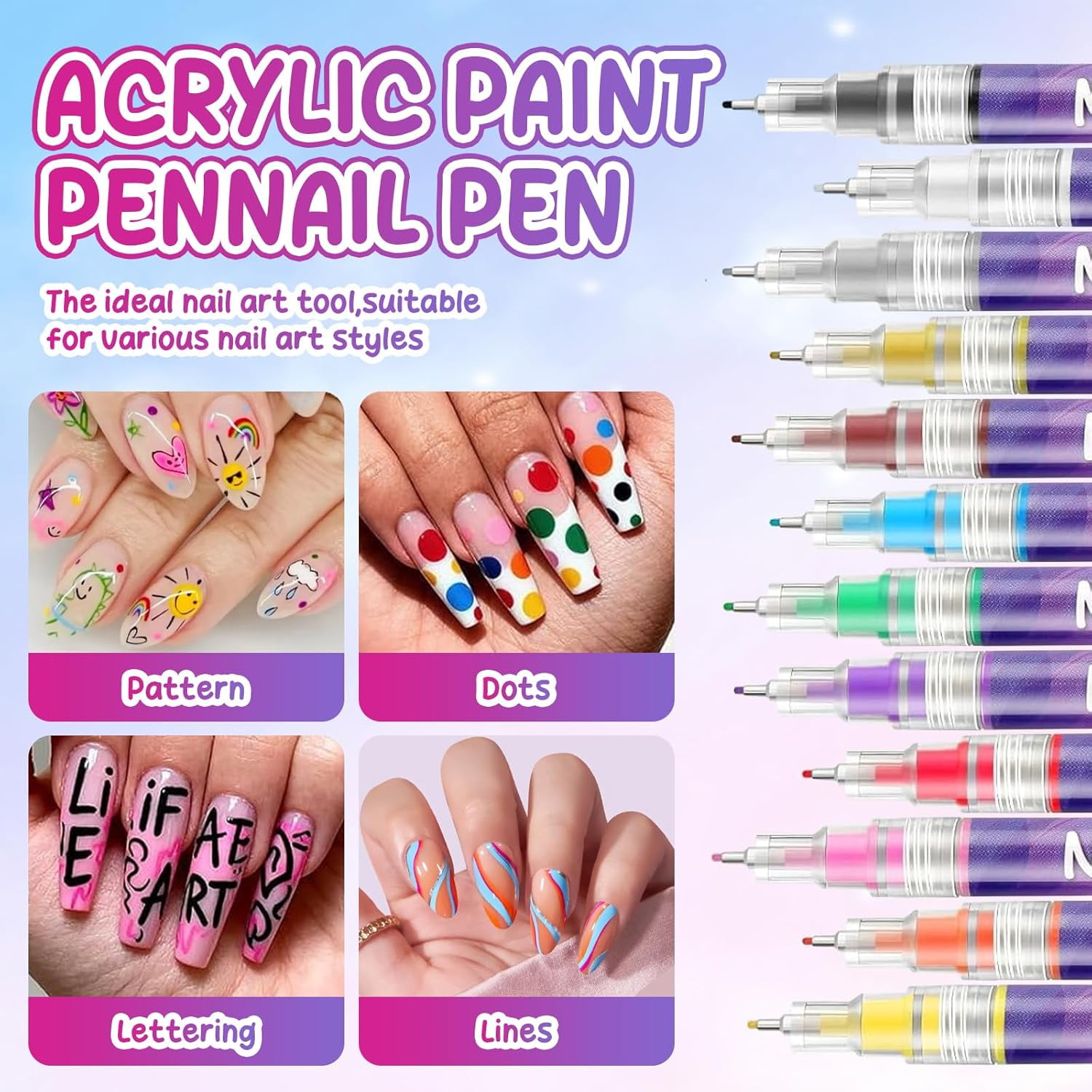 Acrylic Paint Pen for Nail Painting,Professional 12-Color Nail Art Marker Set with 0.5mm/0.01in Fine Metal Tip,Quick-Drying for Intricate Designs,Eco-Friendly PP Body,Perfect for DIY Nail Creativity