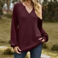thumbnail image 2 of WREESH Womens Fashion Dressy Shirts Solid Color Knit V-Neck Long Sleeved Hollowed Out Patchwork Loose T-Shirt Pullover Wine, 2 of 4