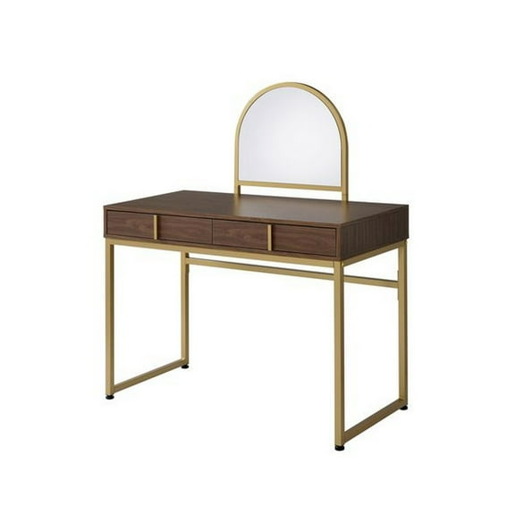 Wooden Vanity Desk with Mirror and Open Metal Frame Brown and Gold