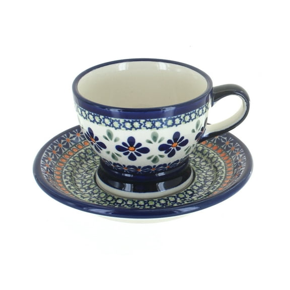 Blue Rose Polish Pottery Mosaic Flower Pedestal Cup & Saucer