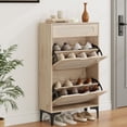 thumbnail image 1 of Armoire à Chaussures en Rotin avec 2 Tiroirs Basculants et 1 Tiroir Coulissant, Armoire de Rangement pour Chaussures Autoportante, Tablette Réglable à 3 Positions, Armoire à Chaussures Étroite pour Entrée/véranda, Chêne, 1 of 7