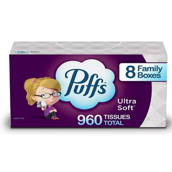 Puffs Ultra Soft Non-Lotion Facial Tissues, 8 Family Boxes, 120 Tissues Per Box (960 Tissues Total)