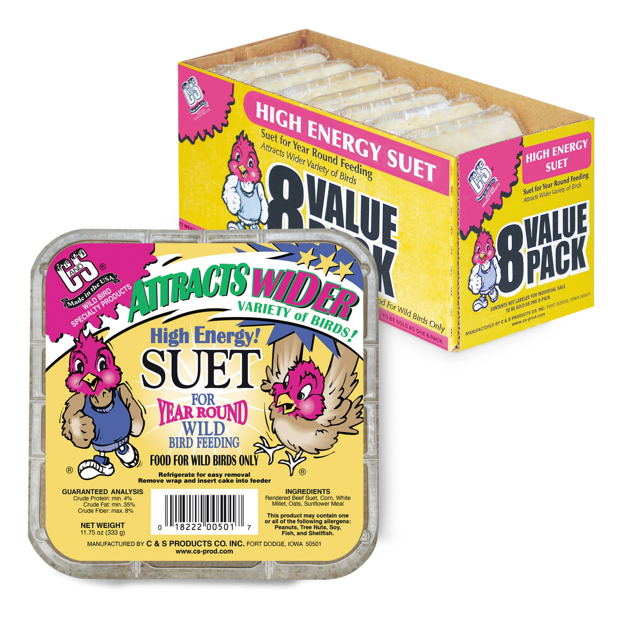C&S Products High Energy Suet Value Pack, For Year Round Feeding, 8 Suet Cakes, Wild Bird