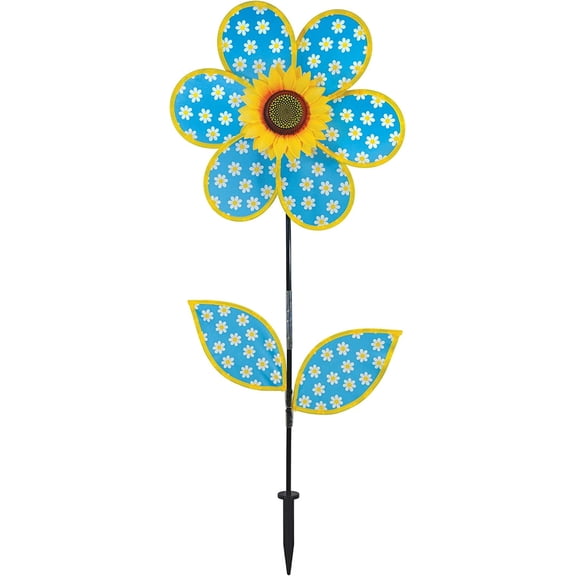 In the Breeze 2649 — 16-Inch Daisy Sunflower Spinner with Leaves, Outdoor Colorful Garden Flower Wind Spinner