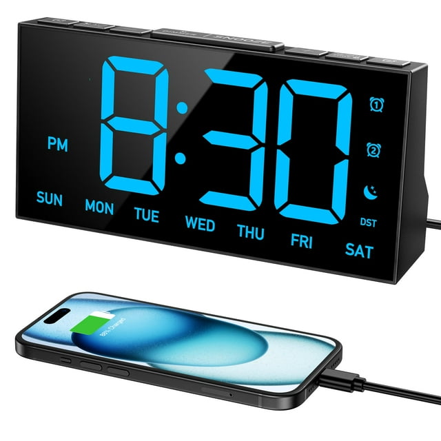 GOLOZA Despertadores digitales para dormitorios, reloj digital con 4 niveles de brillo + apagado, alarmas duales personalizables, puerto USB, memoria de apagado, repetición, DST, 12/24H, reloj de escr
