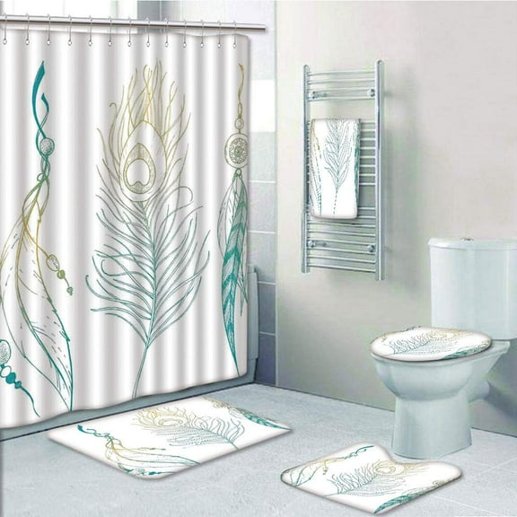 PRTAU Aesthetic First Nations Feather Peacock Tail Traditional Mint 5 Piece Bathroom Set Shower Curtain Bath Towel Bath Rug Contour Mat and Toilet Lid Cover