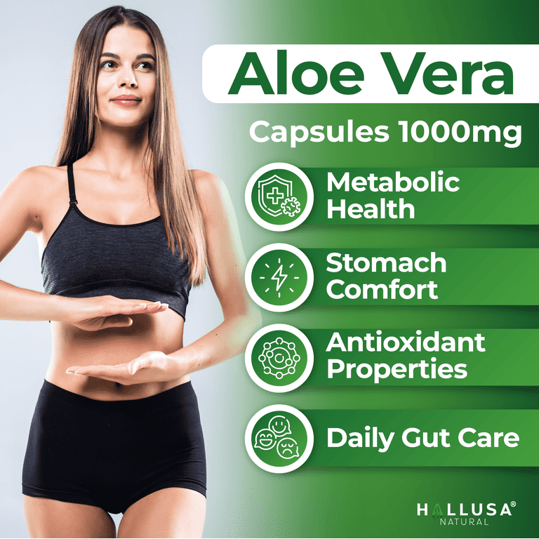 HALLALOE Aloe Vera Leaf Powder 1000 mg - 60 Capsules - 30 Servings -  Digestive & Skin Support - Dietary Supplement - Hallusa Natural