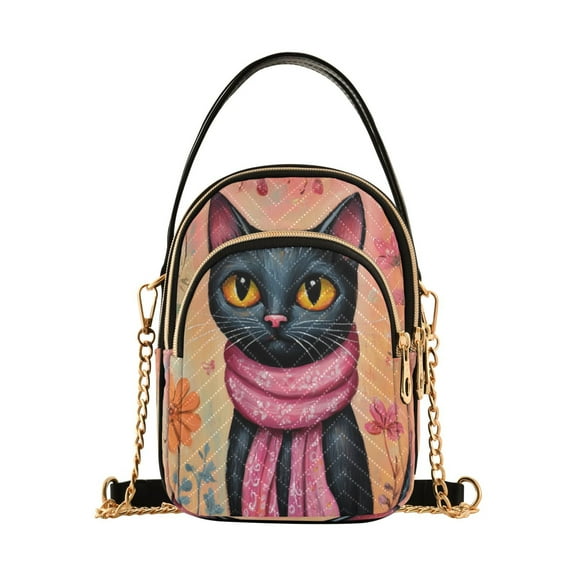 DIXRUYEE Cross Body Fashion Shoulder Waist Purse Bags Black Cat with Pink Scarf Pocket Handbags