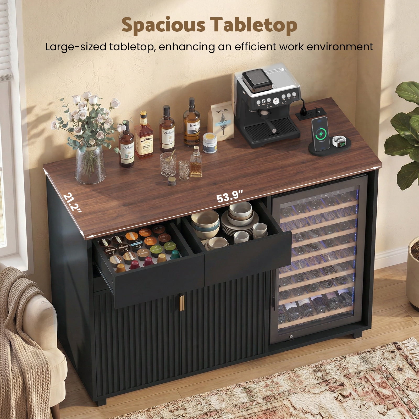 Advwin Wine Bar Cabinet with Mini Fridge Space & Power Outlet, Fluted Door Coffee Bar Cabinet with Sliding Wine Rack, Modern Buffet Sideboard for Kitchen, Dining Room & Home Bar, Black+Walnut