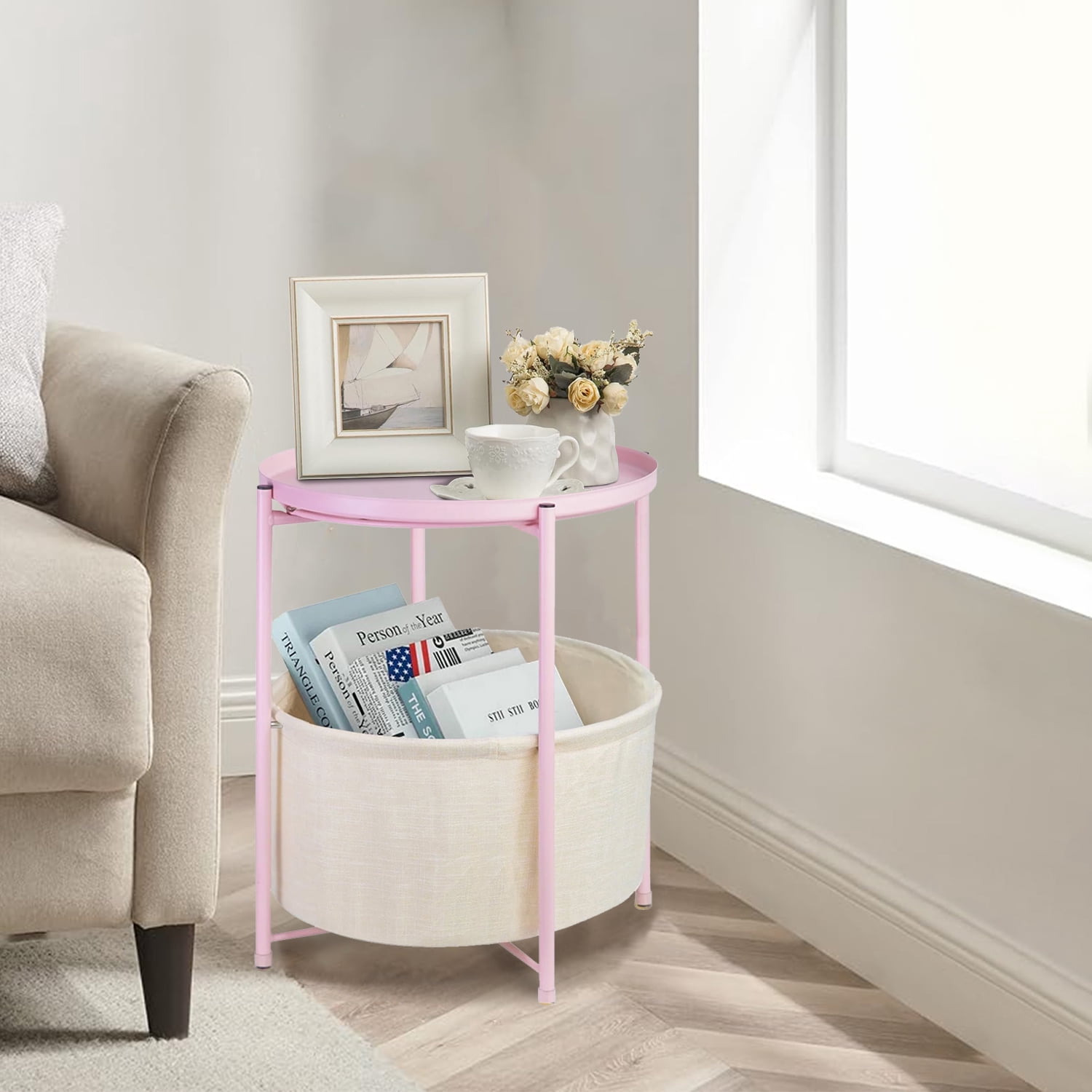 CERBIOR Round Side End Table, Modern Nightstand with Fabric Basket,Pink
