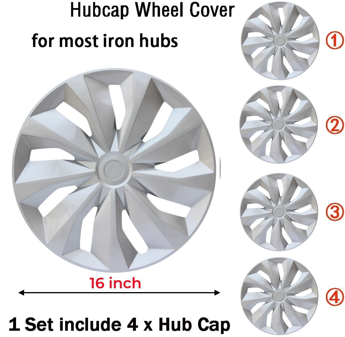 (4-Pack) Premium 16" Silver Wheel Rim Cover Hubcaps OEM Style Replacement Snap On Car Truck SUV Hub Cap - 16 Inch Set