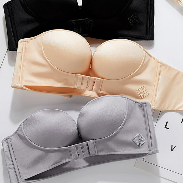 3 Pieces Strapless Front Buckle Lift Bra - Women Push up Invisible Wire  Free Plunge Bra 