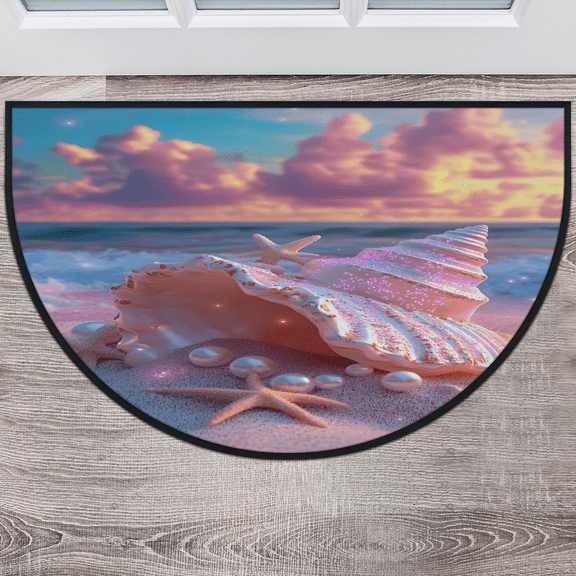 CURLYOOT Seashell Beach Theme Starfish Shell Half Round Door Mat 40'' x 63'', Indoor Outdoor Entrance Rug, Semi Circular Area Rug, Non Slip Washable Absorbent Doormat, Laundry Room Rug