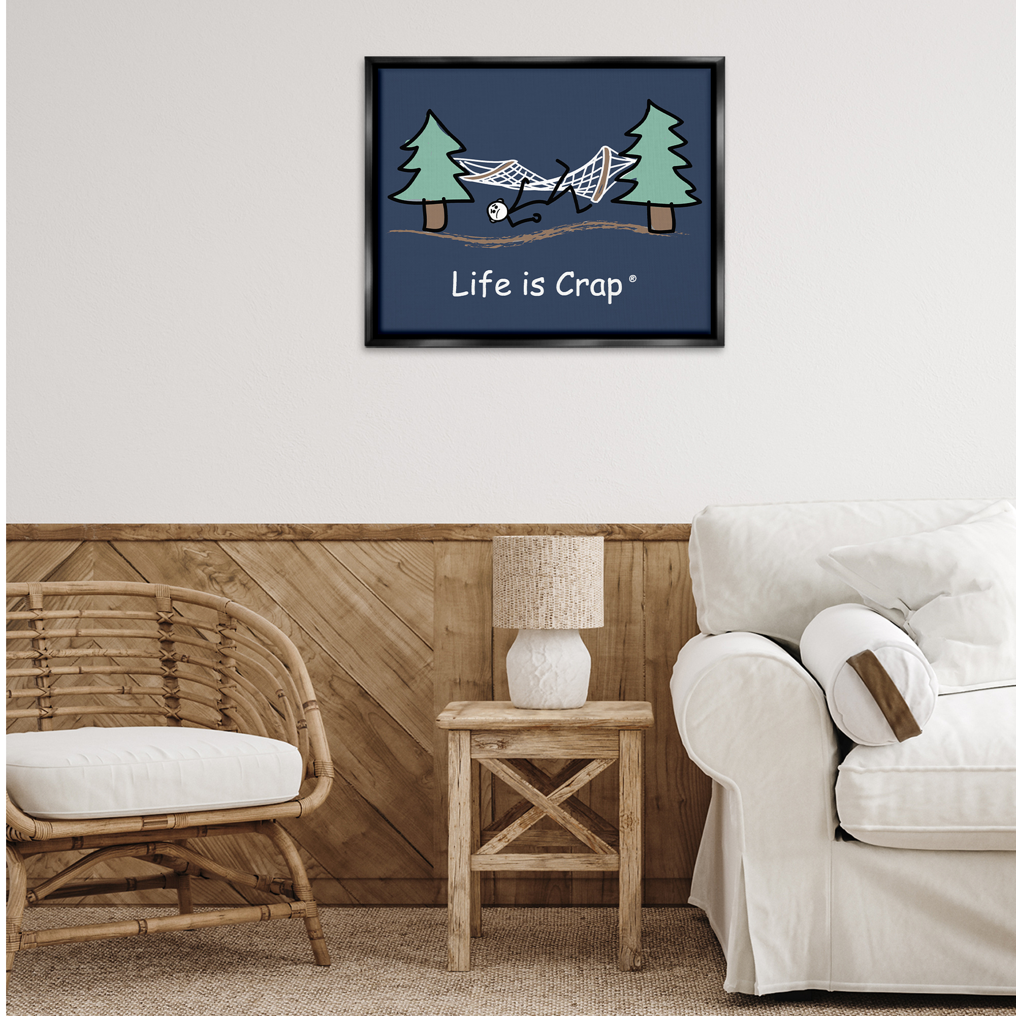 Stupell Industries Life Is Crap Hammock Novelty & Humor Painting Black Floater Framed Canvas Art Print Wall Art, 31 x 25