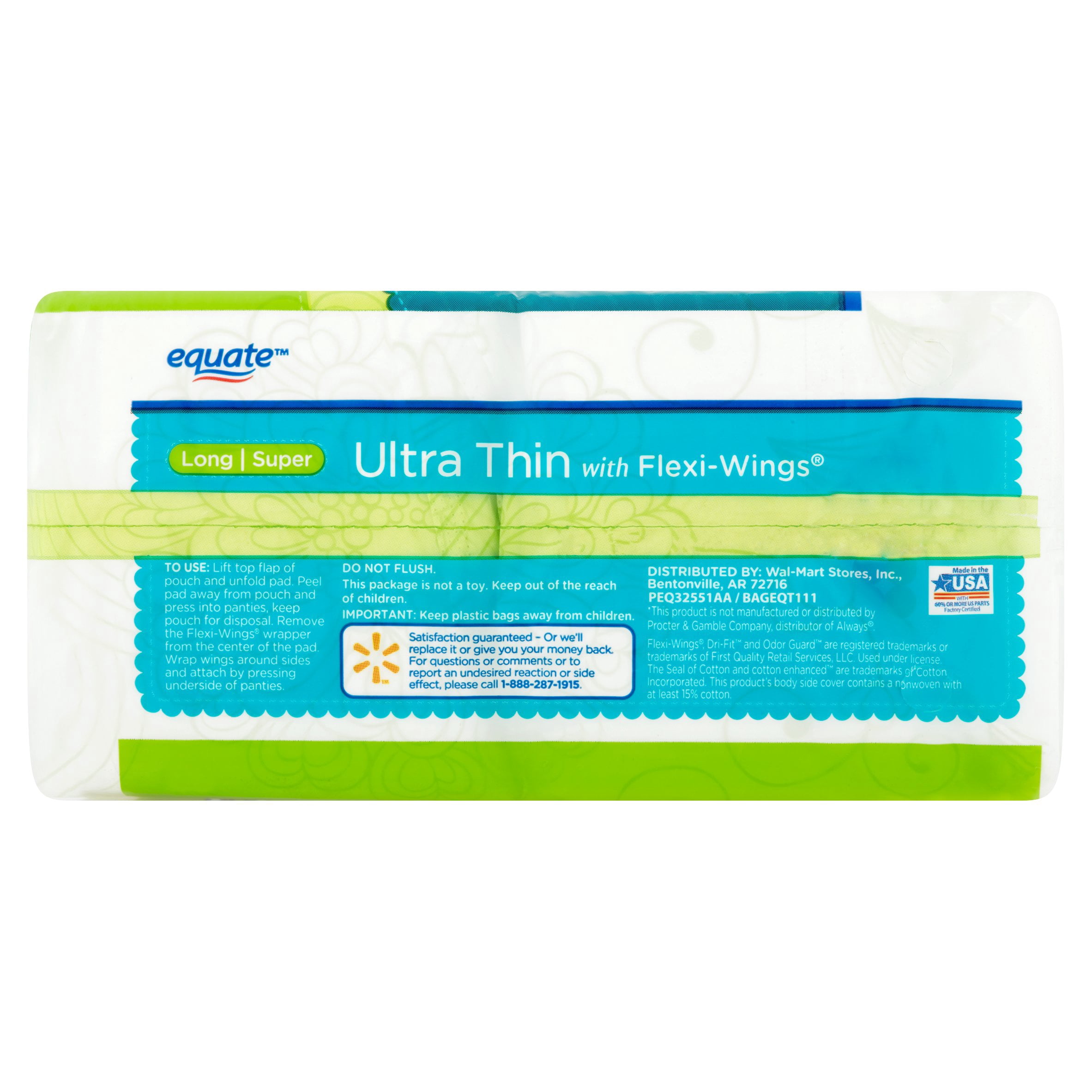Equate Ultra Thin Pads with Wings, Long Super Unscented, 44 ct