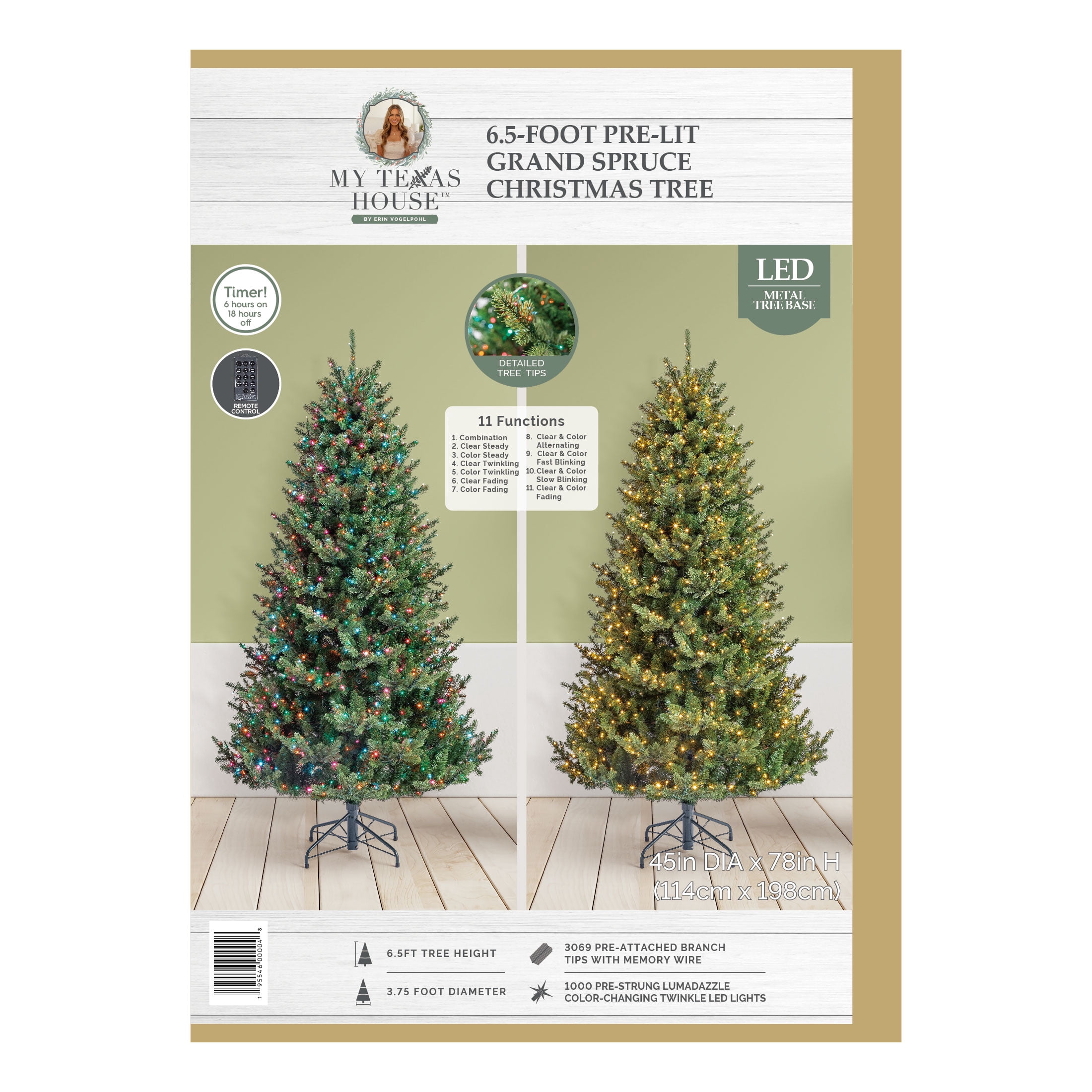 My Texas House 6.5FT Grand Spruce Prelit Green Artificial Christmas Tree with LumaDazzle Color-Changing Twinkle LED Lights and Quick Set