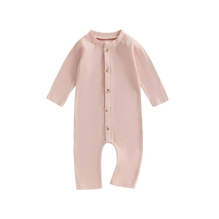 

Infant Baby Boys Girls Casual Crew Neck Romper Solid Color Long Sleeve Ribbed Button Down Jumpsuit