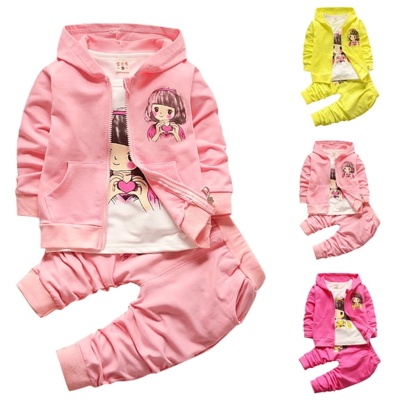 Cowsor Girls Boys 3 Piece Tracksuit Sets Cute Girl Print Long Sleeve Jacket Long Sleeve Bottoming Shirt Joggers Sweatpants Fall