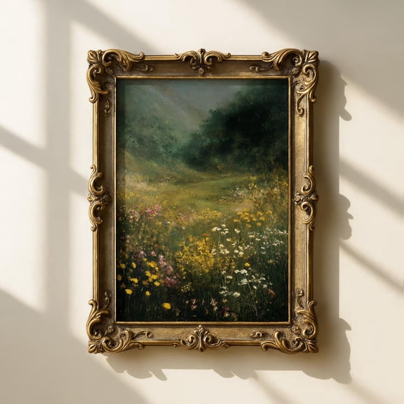 Wildflower Meadow Wall Art, Vintage Landscape With Yellow And White Flowers In Valley, Cottagecore Country Home Decor #1169, Unframed Poster Size 8x12