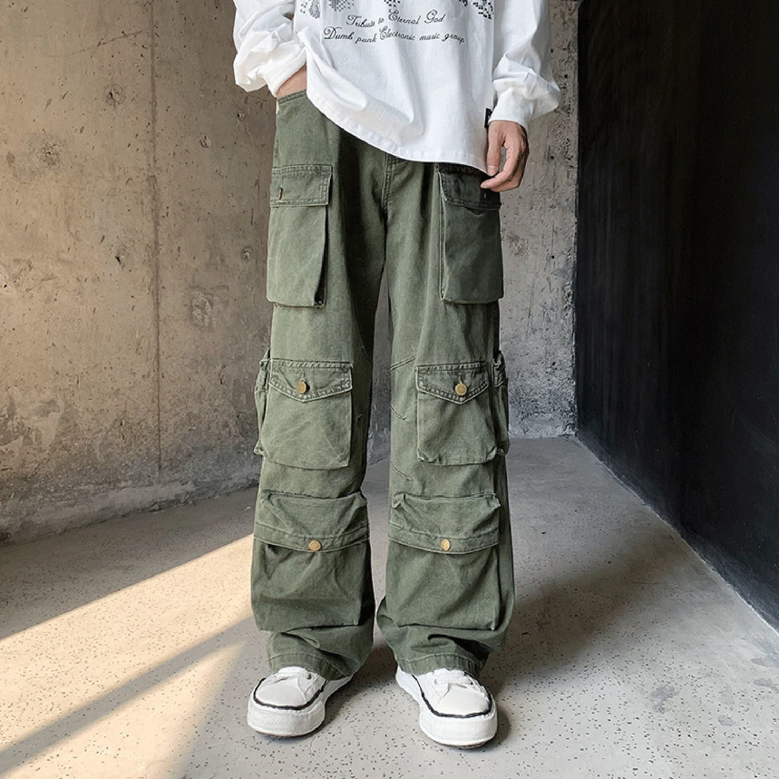 Men Cargo Pants Street Style Loose Multi Pockets American Retro Trousers  Solid Color Straight Mid Waist Overalls for Daily Wear | 