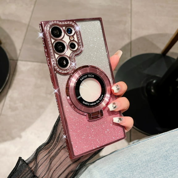 For Samsung Galaxy S22 Magnetic Glitter Case [Built-in Kickstand] Diamond Edge Clear bling Gradient Color Phone Case for Women Men Soft TPU Anti-Scratch Shockproof Protective Cover, Pink