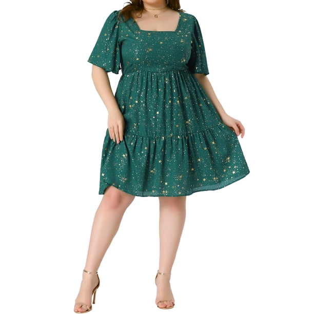 Vestidos de verano de talla grande para mujeres Agnes Orinda, vestido de fiesta corto con cuello cuadrado, mangas rizadas y brillo metálico en capas 4X verde