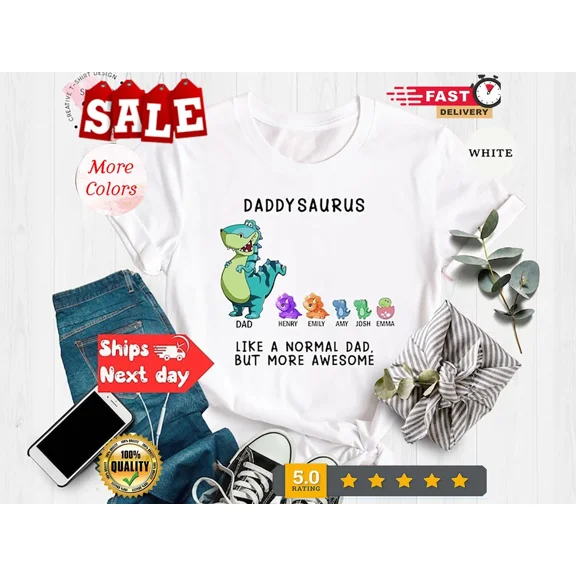 Custom Daddysaurus Shirt with Kids Names, Personalized Dinosaur Dad T-Shirt, ...