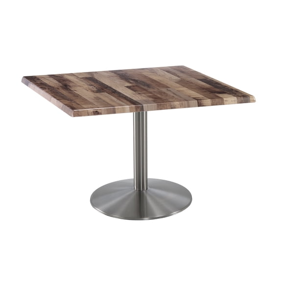 Holland 30" Stainless Round Base Square Table in 36" Rustic Top