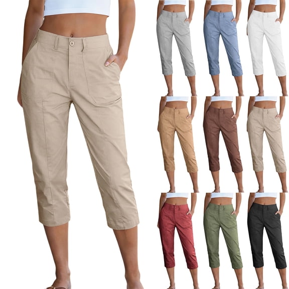 Work Capri Pants for Women with Pockets High Waisted Slim Fit Cropped Pants Summer Business Casual Bottoms
