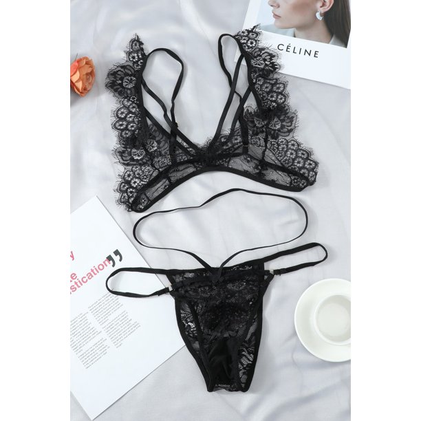 ABPHQTO Conjunto de bralette de tirantes finos de encaje negro para mujer