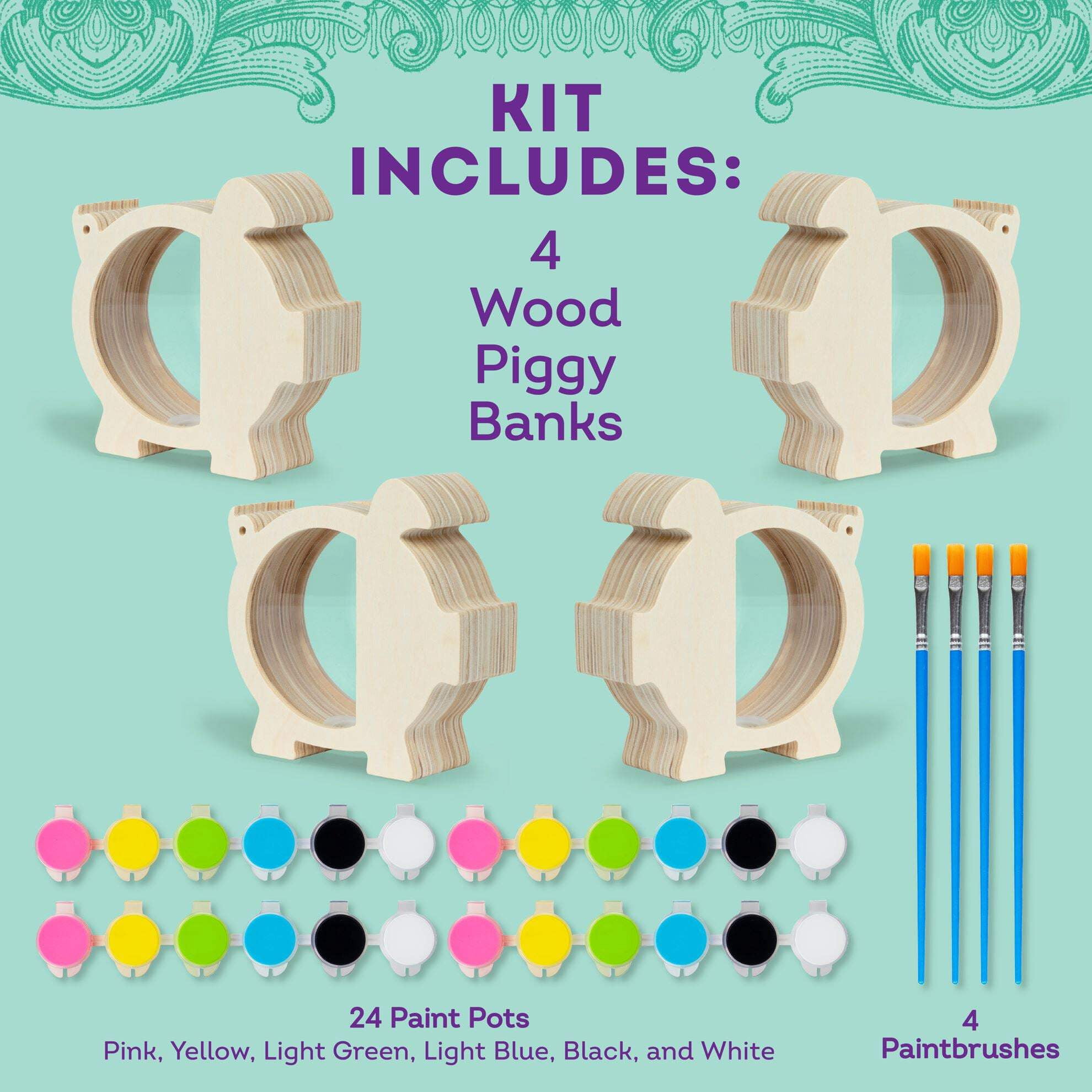 Tulip Paintable Wood Piggy Bank Paint Set, Craft Kit, 4 Piggy Banks, 4 Paint Brushes, 24 Paints