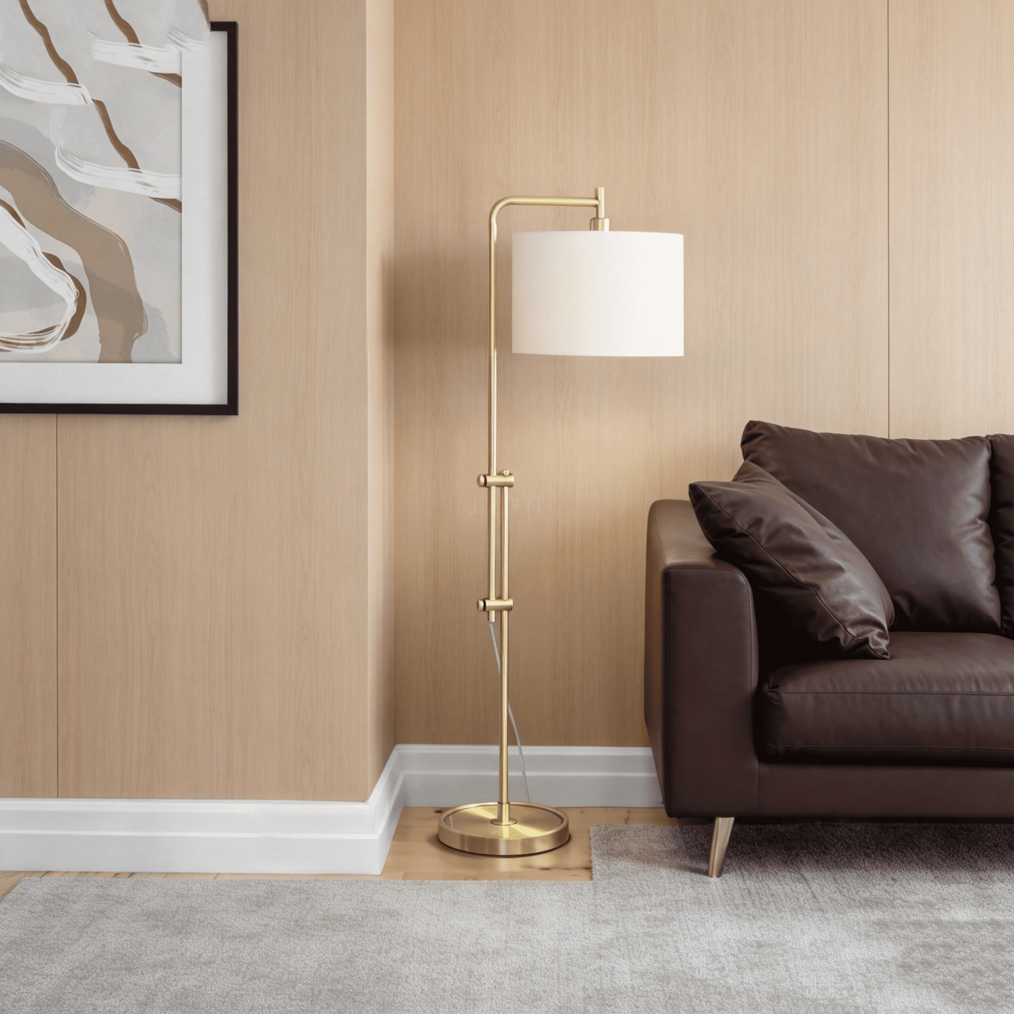 JERFIT Modern Arc Floor Lamp with Drum Shade, Gold Metal Standing Light for Living Room, Reading Nook, Bedroom or Office