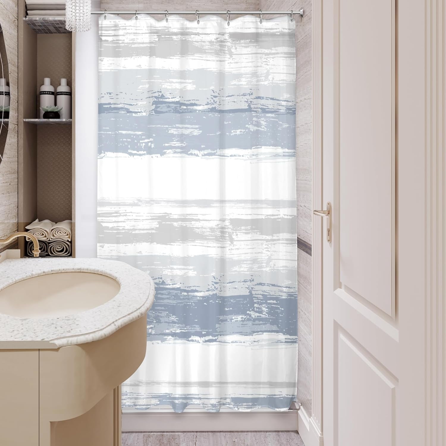 Small Stall Abstract Blue Grey Striped Shower Curtain for Bathroom Decor 36Wx72H Inches Modern Single Half RV Aesthetic Minimalist Geometric Neutral Fabric Waterproof Polyester 7 Pack Hooks