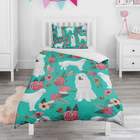 Great Pyrenees Dog and Flower Duvet Cover and Pillowcase Set for Single Bedding, Bedroom Accessories for Kids Teens