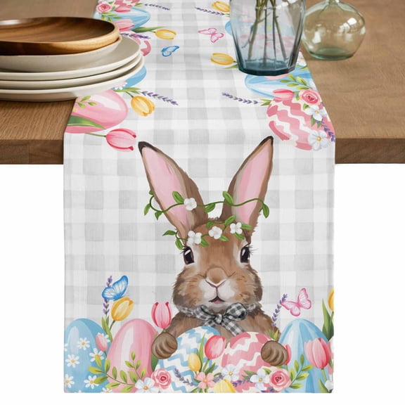 Table Runner 120 Inches Long for Kitchen Dining, Bunny Easter Dresser Scarf Farmhouse, Dining Table Decorations for Wedding/Parties, Pink Floral Eggs Farmhouse Checkered 13 x 120 In