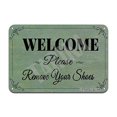 thumbnail image 1 of Letrero de hojalata con texto en inglés "Welcome Please Remove Your Shoes", con espejo retro, para decoración del hogar, cocina, baño, granja, jardín y garaje. Tamaño: 8 x 12 pulgadas, 1 of 4
