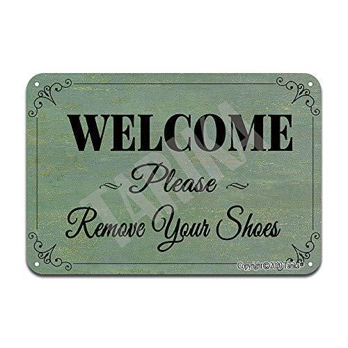 Letrero de hojalata con texto en inglés "Welcome Please Remove Your Shoes", con espejo retro, para decoración del hogar, cocina, baño, granja, jardín y garaje. Tamaño: 8 x 12 pulgadas