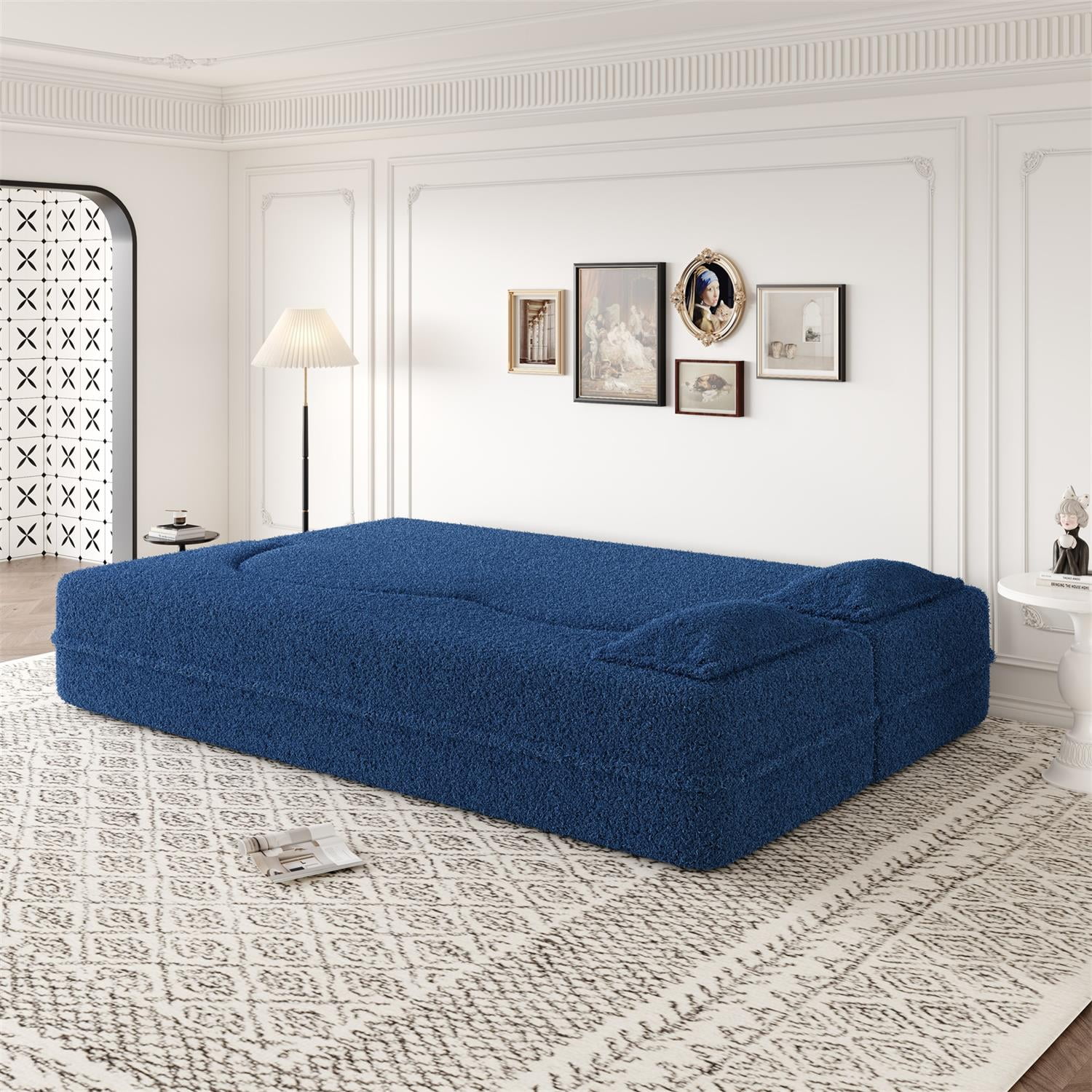Demi Bonn 78" Modern Floor Sofa Bed with 2 Pillows, Convertible Teddy Fabric Full Size 15" Foam Mattress, No Assembly, Stylish Sleeper Couch for Living Room, Blue