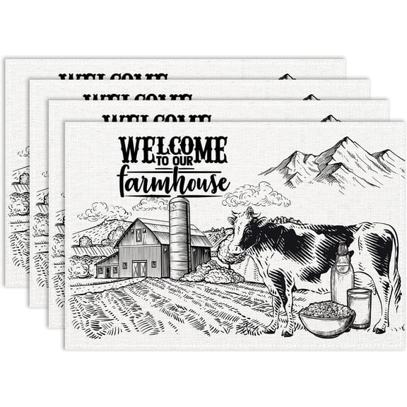 Farmhouse Placemats Set of 4, 12x18 Inch Rustic Country Barn Cottage Farm Animal Cow Sketch Holiday Table Mats for Party Kitchen Dining Decoration