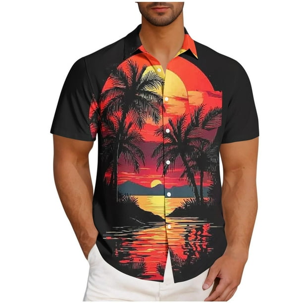 Mens Casual Manga Corta Botón Abajo Camisas Turndown Cuello Blusa de Impresión, Poliéster Ligero Top de la Moda para el Verano Al Aire Libre Y el Uso Diario