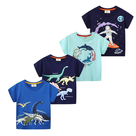 HuaAngel Boys Cotton Short Sleeve T-Shirt Crew Neck Glow Print 4 Packs Sizes 2-7
