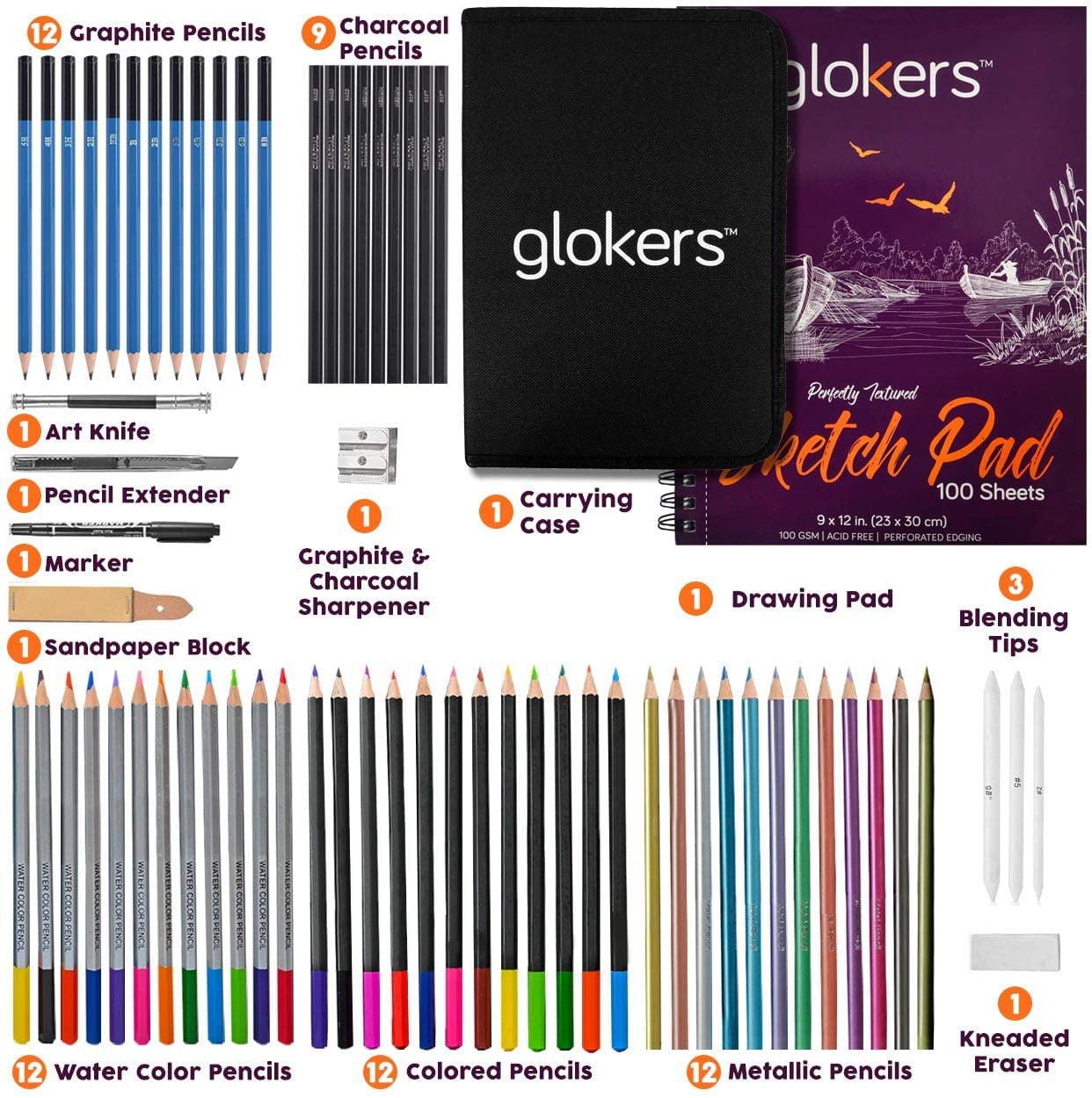 Glokers 72-Piece Arts Supplies and Drawing Kit Set - Complete Set of Art  Pencils: Graphite, Colored, Metallic, Charcoal, Watercolor - Also Includes  9x12 Sketch Book, Stumps, Sharpener, Eraser & More 