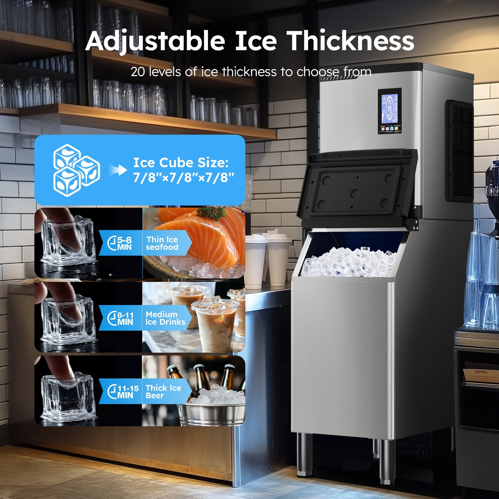 Commercial Ice Machine Industrial 650LBS/1 Day Ice Maker with 450 Storage Bin
