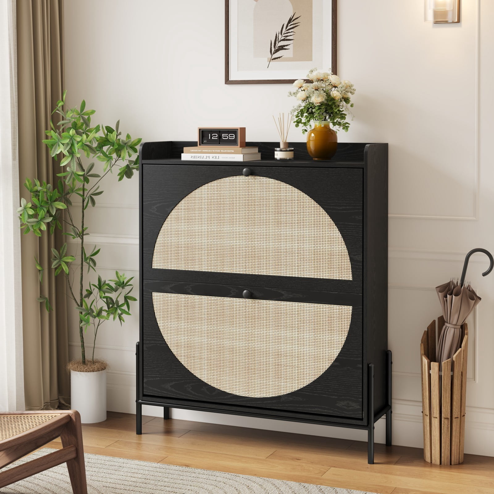 Rattan Shoe Cabinet with 2 Flip Drawers, Narrow Wooden Shoe Storage Organizer for Entryway Hallway, Black