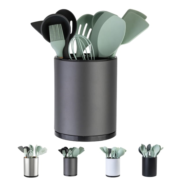 Libodour Soporte Para Utensilios De Cocina, Extra Grande, Giratorio 360 Para Organizador De Mostrador, Almacenamiento De Acero Inoxidable, Carrito Para Cubiertos De Cocina, 3 Compartimentos, Cuchara,