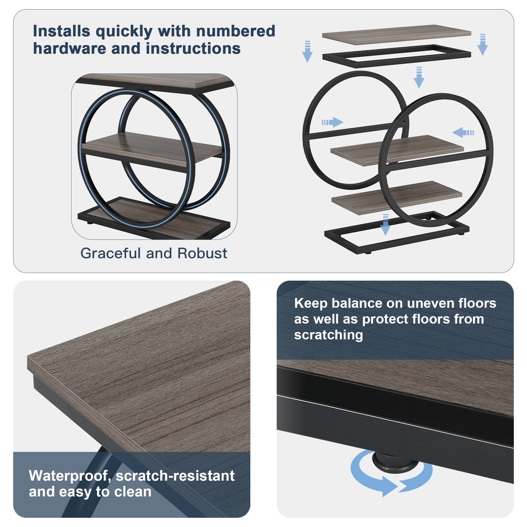 Demi Bonn 3-Tier End Table, Industrial Sofa Side Table with Round Metal Frame for Hallway, Entrance, Living Room, Bedroom, Gray