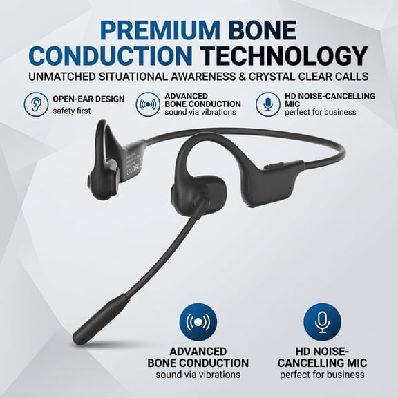 Open Ear Bluetooth Headset With Microphone - Noise Cancelling Wireless Headset for Truck Drivers, Hands-Free Headphones with Mute Button for Meetings & Driving