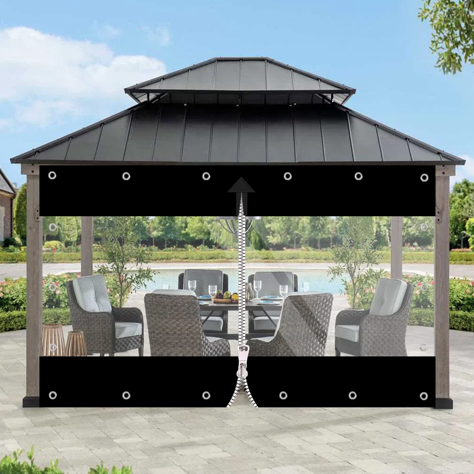 TOPCHANCES Clear Vinyl Curtains with Zipper Entry, Heavy Duty Waterproof PVC Clear Tarp with Grommets, Outdoor Clear Panel Curtain for Porch, Pergola, Gazebo, Patio, Enclosure (7'H x 8'W, Black)